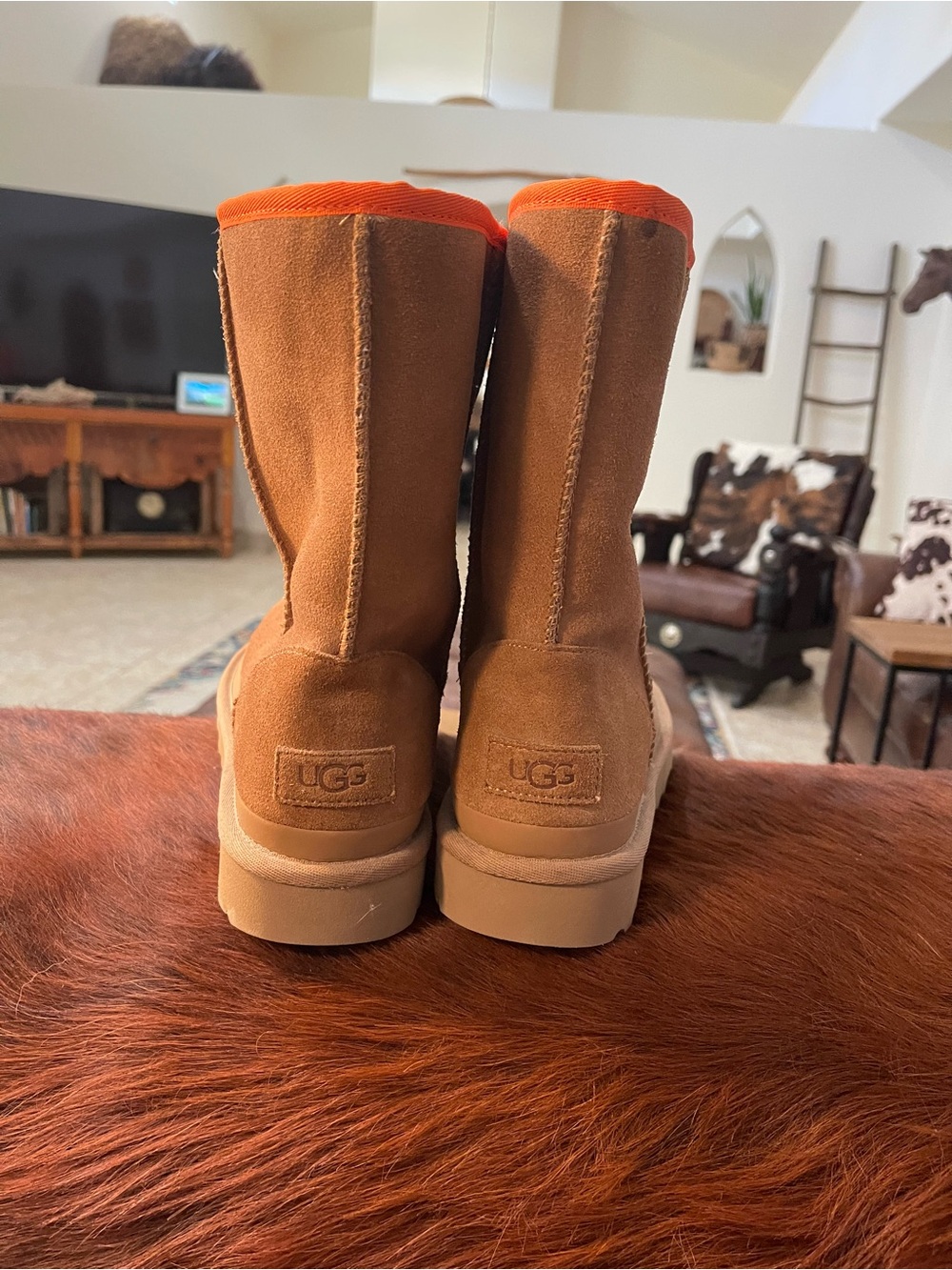 UGG Women's Tan Suede Boots with Bright Orange Zip Panel - Picture 5 of 11